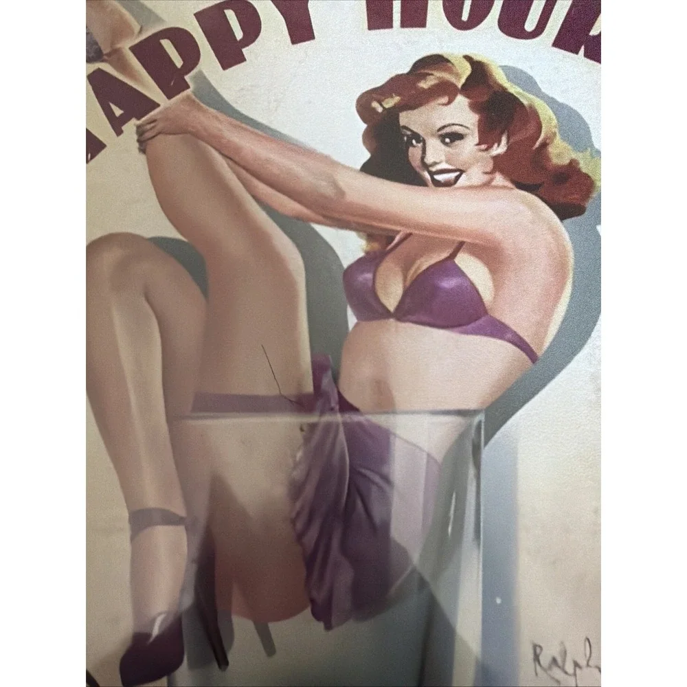 ERLOOD Happy Hour Pin Up Girl Metal Tin Sign Retro Bar Wall Decor Ralph Burch